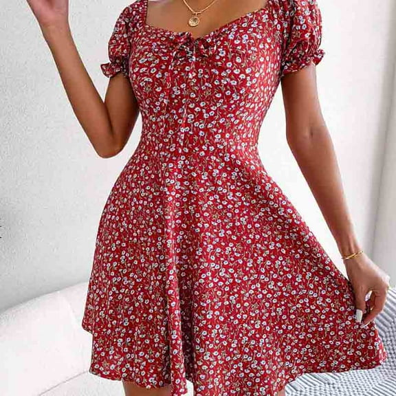 New Women Casual Ruffles Short Sleeve Floral Print A Line Dress