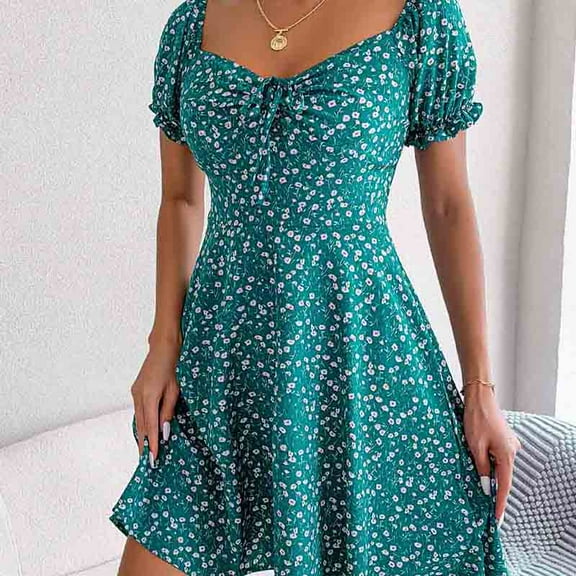 New Women Casual Ruffles Short Sleeve Floral Print A Line Dress