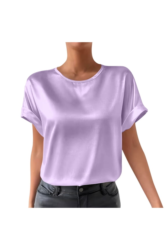 Women Casual Satin Silk Tees Summer Loose Crewneck Roll Up Short Sleeve Tshirts Trendy Work Comfy Soft Solid Color Cool Tops