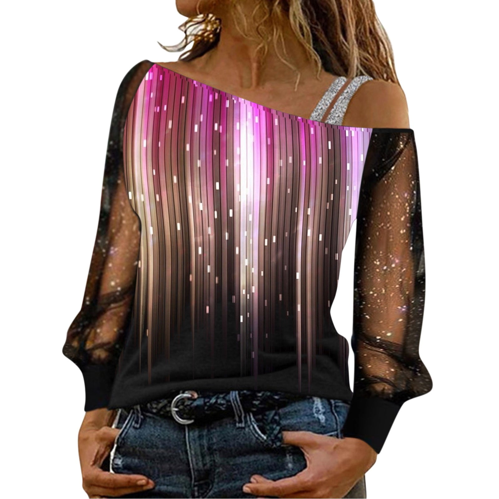 Women Casual Sequin Print Top Shirt Mesh Long Sleeve Cold Shoulder Shirt Loose Elegant Splice Blouse Top Short Sleeve Tee Tops Spandex T Shirt Women All Womens Women Solid Tee Womens Short