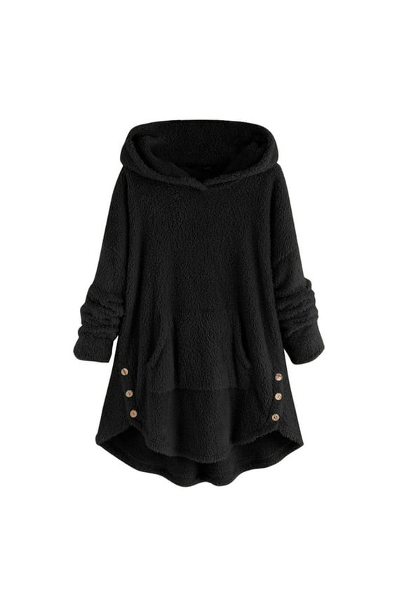 Women Casual Sherpa Fleece Solid Color Jacket Hoodies Button Fuzzy Long Sleeve Fluffy Fleece Sweatshirt Pullover Coat