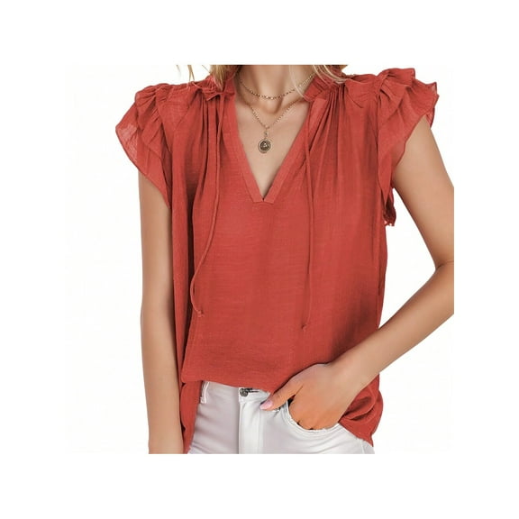 Women Casual Shirt Ruffle Short Sleeve V Neck Cute Tops Summer Loose Fit Pleated Solid Color Blouses