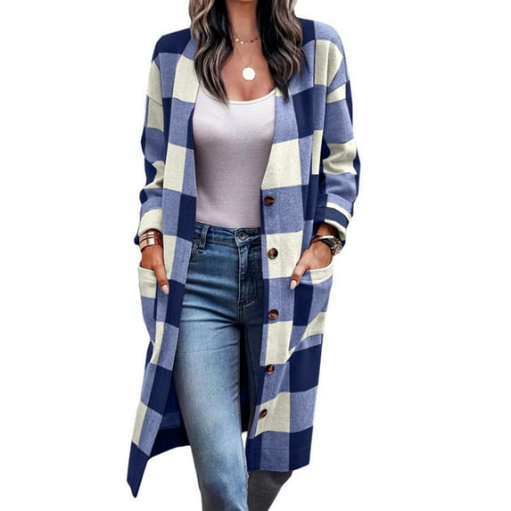 Women Casual Shirts Pocketed Fall Clothes Open Front Long Plaid Shirt Cardigan Boyfriend Tartan Trench Coats Fashion 2022