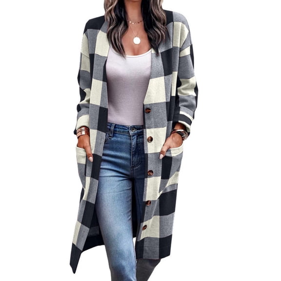 Women Casual Shirts Pocketed Fall Clothes Open Front Long Plaid Shirt Cardigan Boyfriend Tartan Trench Coats Fashion 2024