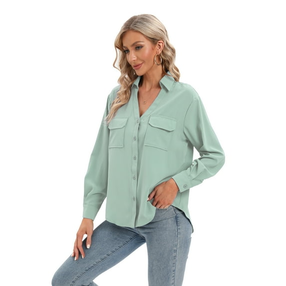 Women Casual Shirts Solid Long Sleeve Lapel V Neck Casual Tunic Blouses Top
