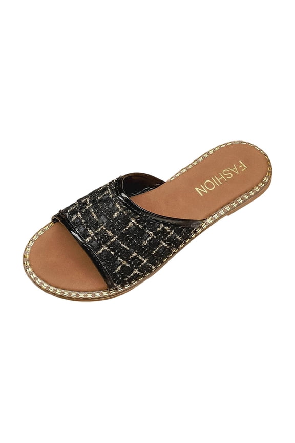 Women Casual Shoes Women's Fashion Plaid Tweed Flat Slippers, Slip-On Summer Sandals with Gold Rivet Trim, Casual Beach Open-Toe Sandals