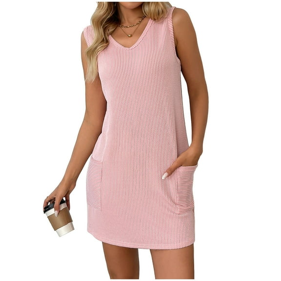 Women Casual Short Dress Solid Color Pullover Vest Dress With Pockets Ribbed Loose Fit Basic Vestidos