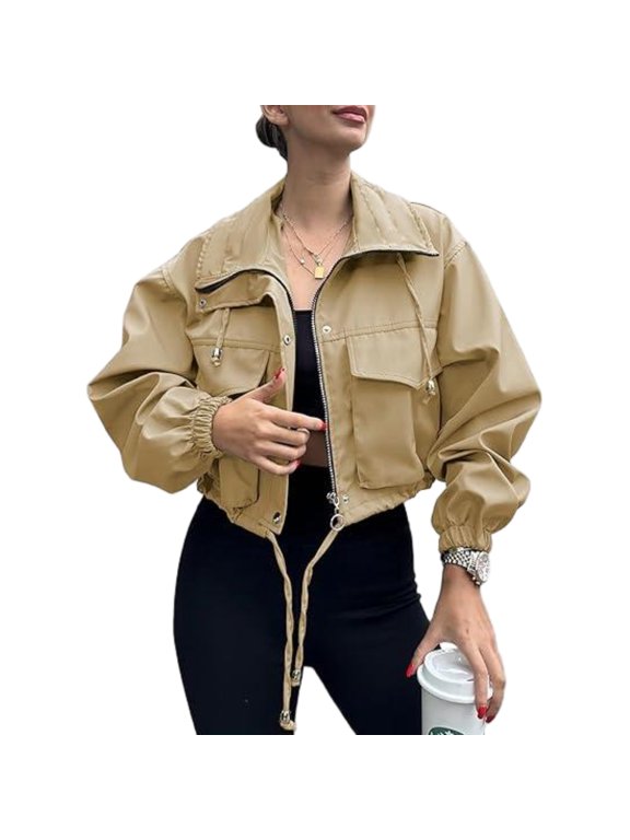 Women Casual Short Jacket Zip Up Jacket Top