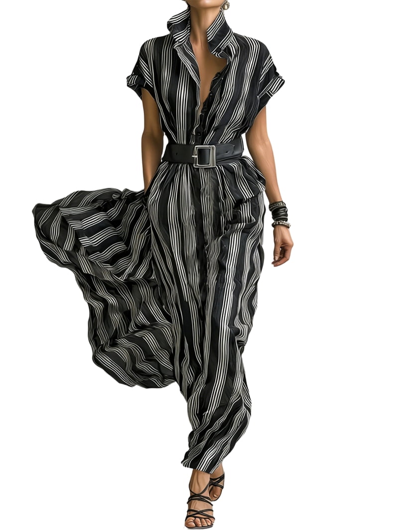 black and white striped dress women Monochrome Mood Black Stripe Halter Maxi Dress main image 1