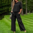 thumbnail image 1 of Women Casual Short Sleeve CrewNeck Super Short T Shirt Top And Long Pants Leggings Solid Color Set Outfit plus Size Wedding Guest Dresses for Bride Winter Overall Women Luge Suit Pants And Top Set for, 1 of 6