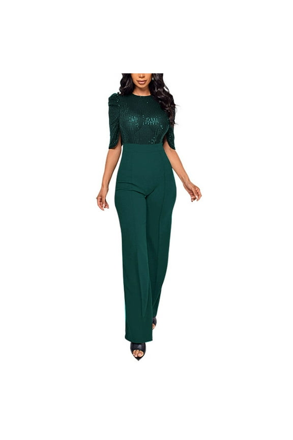 Women Casual Short Sleeve Sequin Spliting Romper Jumpsuit Long Straight Pants Bodysuits Jumpsuits for Women Flight Jumpsuit Women Stripes And Jumpsuit plus Size Long Jumpsuit Patchwork Overalls for