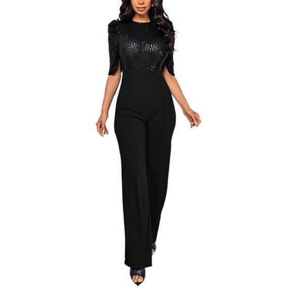 Women Casual Short Sleeve Sequin Spliting Romper Jumpsuit Long Straight Pants