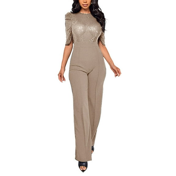 Women Casual Short Sleeve Sequin Splitting Romper Jumpsuit - Long Straight Pants with Loose Fit