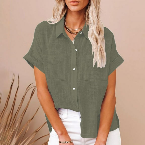 Women Casual Short Sleeve Solid Shirt Top Pocket Button Down Shirts Tee Shirt Blouse Jean Shirt Women Summer Casual Tops for Women Female Workout Shirts Fall Shirt for Women plus Size T Shirts Half