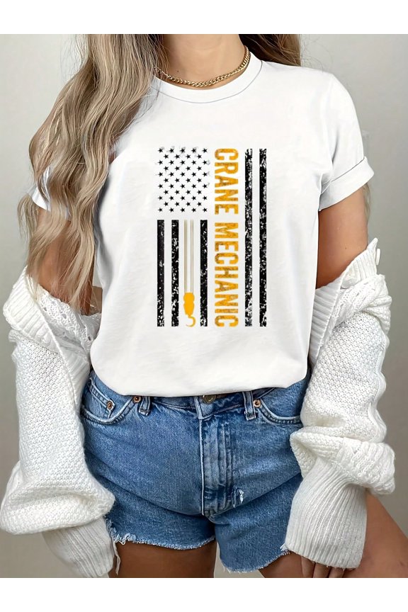 Women Casual Short Sleeve T Shirt White American Flag Crane Mechanic Print Graphic Tee For Work And Daily Wear