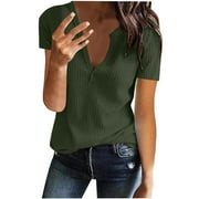 Women Casual Short Sleeve T-Shirts Summer Solid Color Waffle Knit Shirts Sexy Notch V Neck Blouse Tops