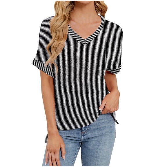 Women Casual Short Sleeve Tops Summer Knit V Neck T-Shirts Tees with Side Split
