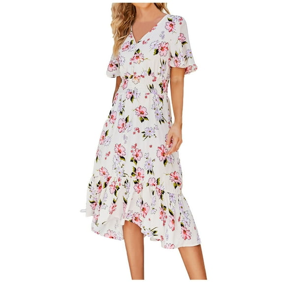 Women Casual Short Sleeve V Neck Midi Dress Floral Print Elastic Waist Loose Summer Dresses Boho Flowy Ruffle Dress