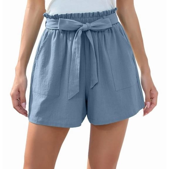 Dycnvjo Women Casual Shorts Bowknot Tie Waist Summer Shorts with Pockets Gray Blue XXL