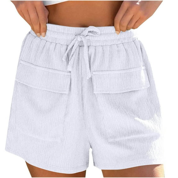 Women Casual Shorts Drawstring Comfy Elastic Waist Workout Shorts Summer Pull on Short Pants with Pockets Linen Shorts Women White S