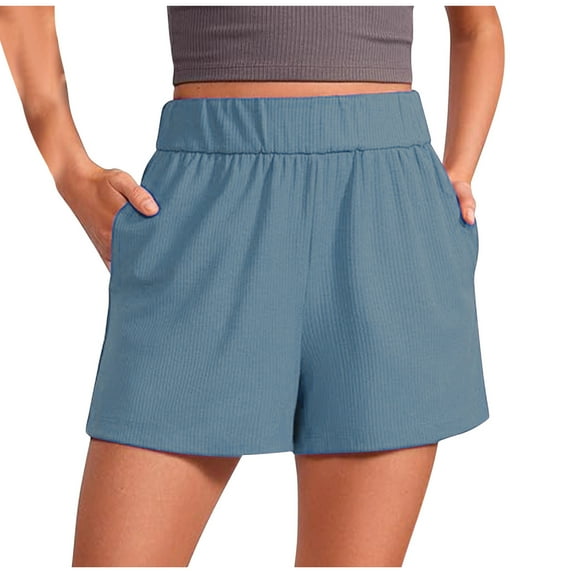 Women Casual Shorts Ladies Straight Leg Leisure Pants High Waist Sports Loose Shorts Fashion Pants Relaxed Fit Knitted Rib Summer Sports Short Pants