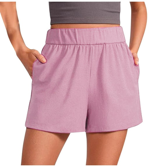 Women Casual Shorts Ladies Straight Leg Leisure Pants High Waist Sports Loose Shorts Fashion Pants Relaxed Fit Knitted Rib Summer Sports Short Pants