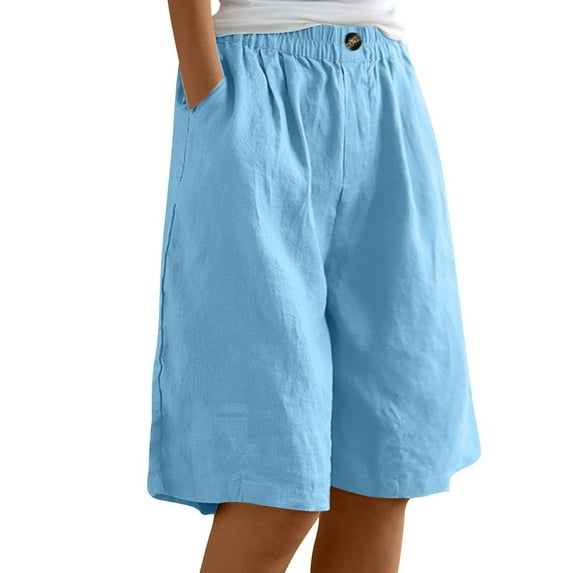 Women Casual Shorts Summer Cotton Linen Shorts Loose Fit Elastic Waist Knee Length Cosy Shorts Beach Shorts with Pockets Shorts for Women Trendy