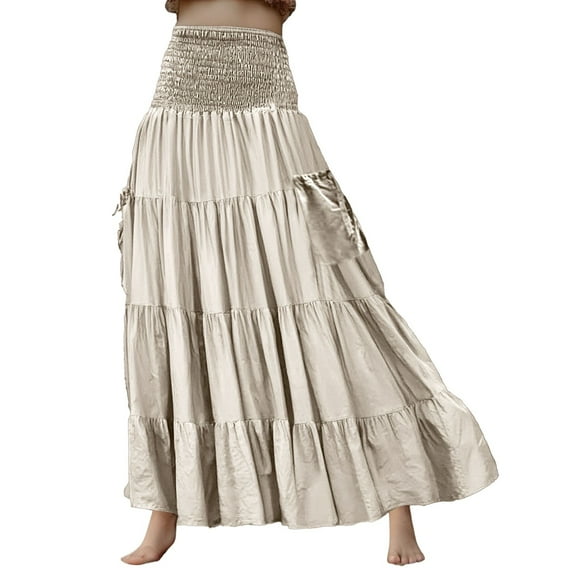 Women Casual Skirt Polyester Spandex Simia Full with Pocket Long Boho Style Skirt