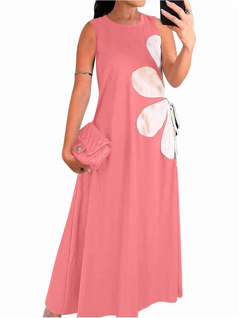 Women Casual Sleeveless Dresses Crewneck Patchwork Floral Midi Dress Coral Color L