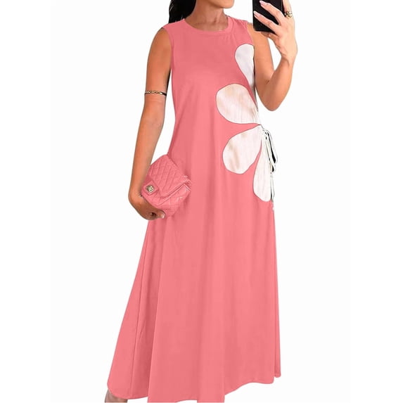 Women Casual Sleeveless Dresses Crewneck Patchwork Floral Midi Dress Coral Color L