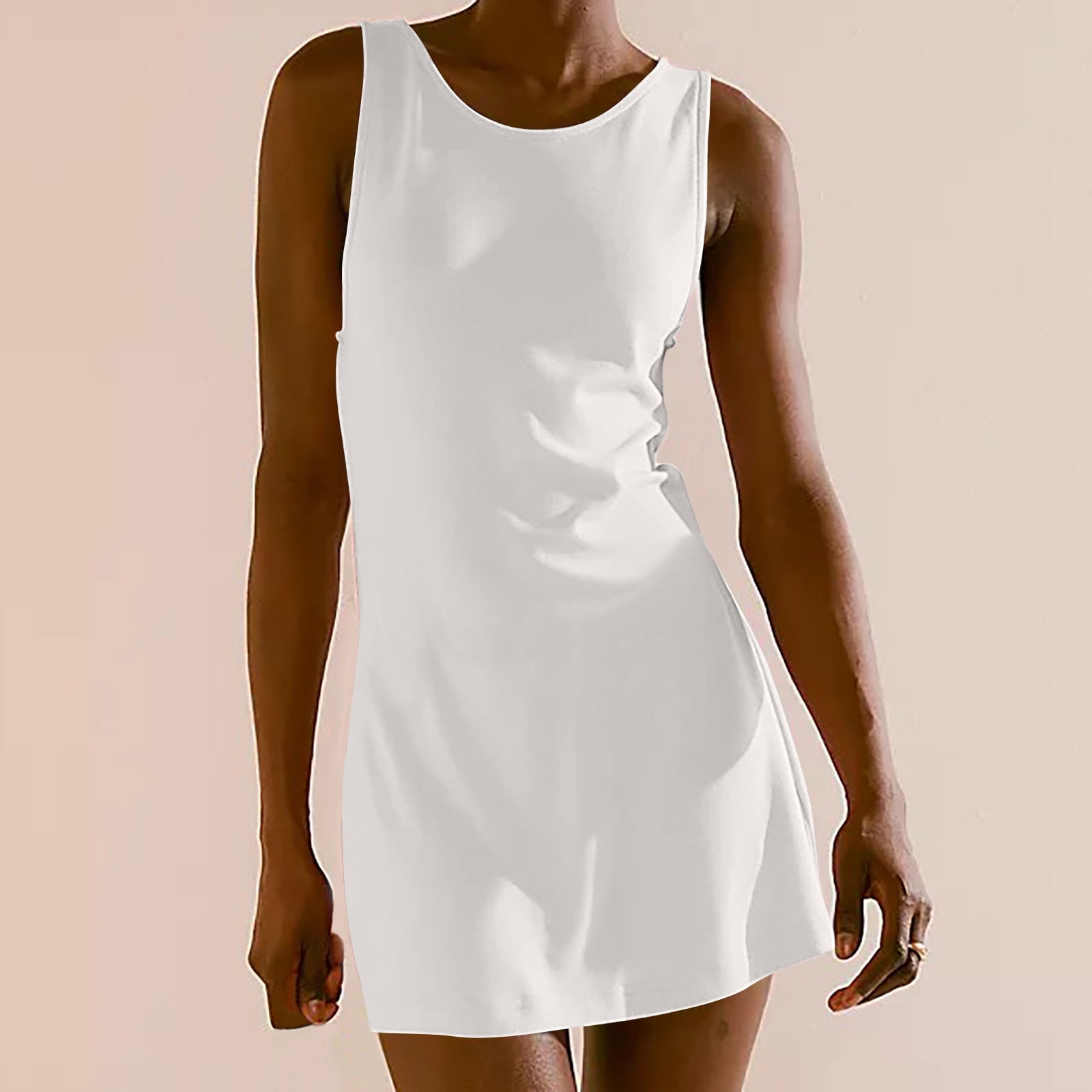 Women Casual Sleeveless Open Back Mini Shift Dress Tunic Scoop Neck Tank Short Cotton Linen Dress Summer Beach Dress Walmart