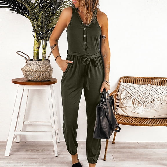 Women Casual Sleeveless Solid Color V-Neck Waist-Up Elastic Waist Belted Beam Foot Long Rompers Jumpsuit With Pockets Jumpsuit Romper Body Suit Women Turtle Neck Body Suit for Women New Years Eve