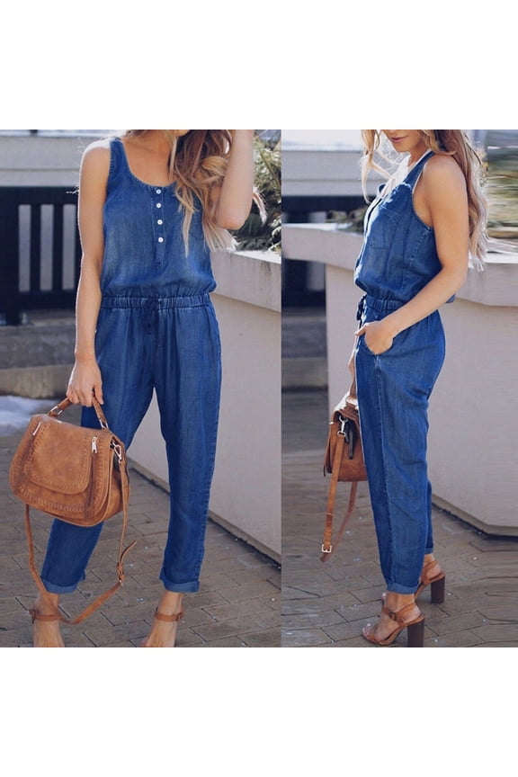 Women Casual Sleeveless Tank Jumpsuit Demin Jeans Beach Strappy Button Rompers With Pockets Jumpsuit Bridal Pants for Wedding Jean Jumpsuit for Women Sac Threads Overalls Workout Jumpsuits for Women