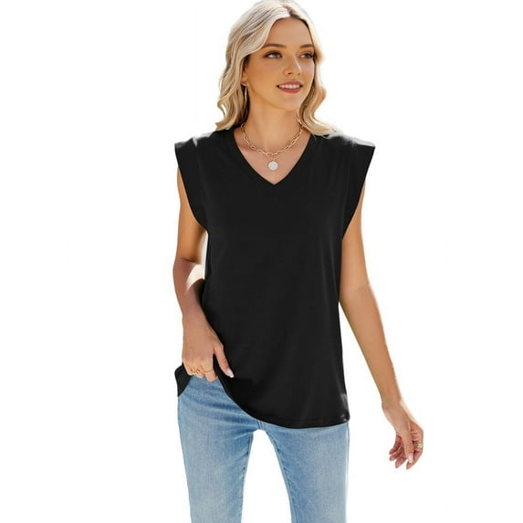 Women Casual Sleeveless Tank Tops Summer Loose Fit Basic Tee Blouse Fashion Clothes Black XL