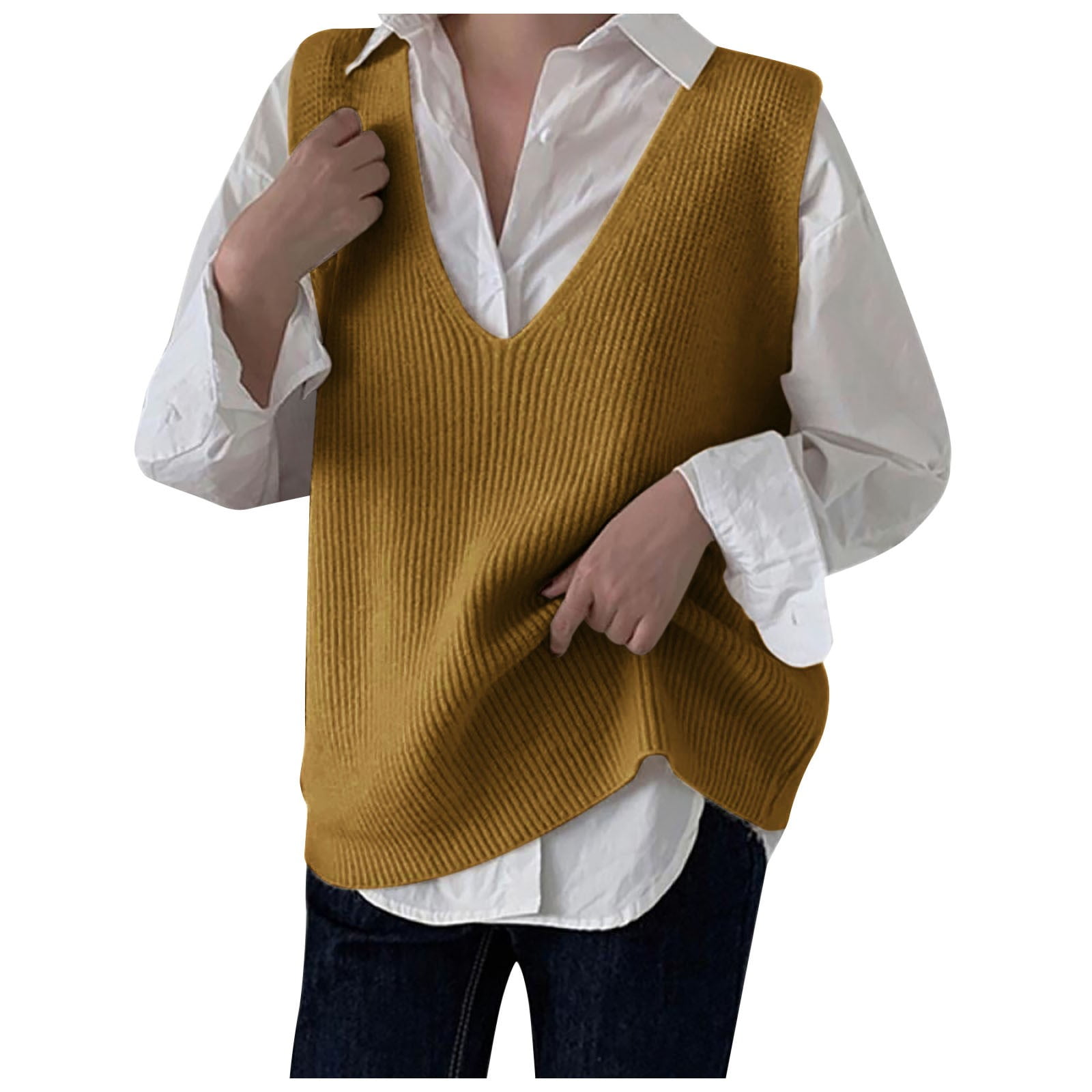 Women Casual Sleeveless V Neck Ribbed Knit Split Pullover Sweater Vest ...