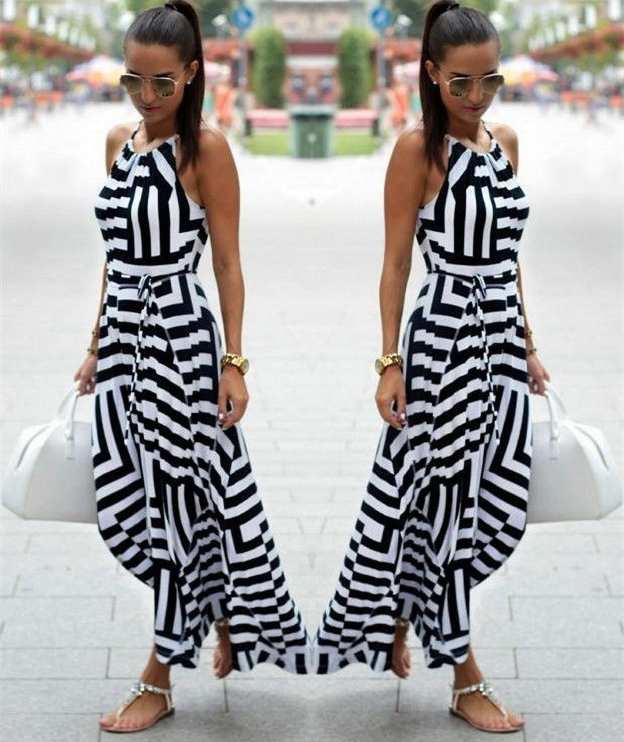 Women Casual Slim Black White Striped Maxi Dress Chiffon Sleeveless ...