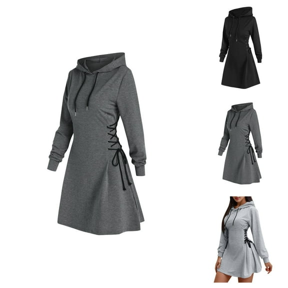 Women Casual Slim Hoodie 2025 Long Shape Tunic Mini Dress Basic Plain Side Lace Up Hooded Sweatshirt Women Pullover