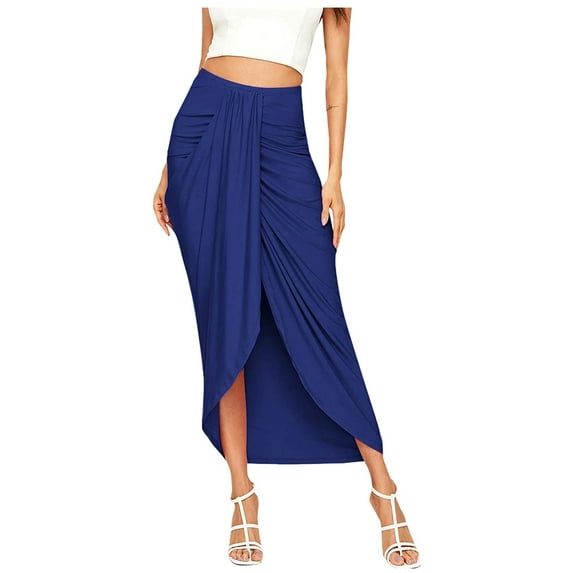Women Casual Slit Wrap Asymmetrical Elastic High Waist Maxi Draped Solid Color Skirt Club Basic Leisure Dailywear