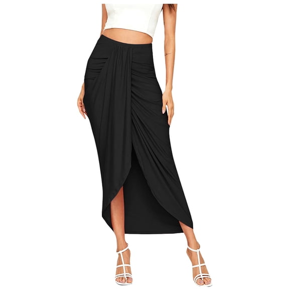 Women Casual Slit Wrap Asymmetrical Elastic High Waist Maxi Draped Solid Color Skirt Club Basic Leisure Dailywear