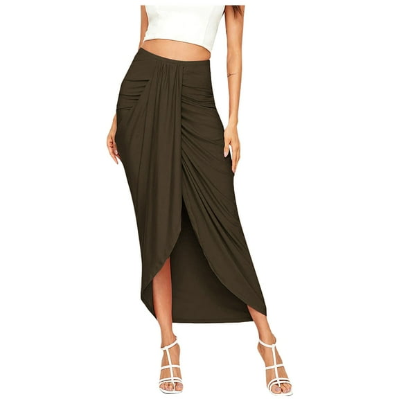 Women Casual Slit Wrap Asymmetrical Elastic High Waist Maxi Draped Solid Color Skirt Vacation Holiday Female Dailywear