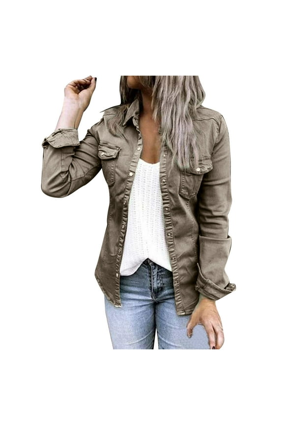 Women Casual Snap Lapel Denim Jacket Coat Long Sleeve Tunic Shirt with Pocket Solid Color Design