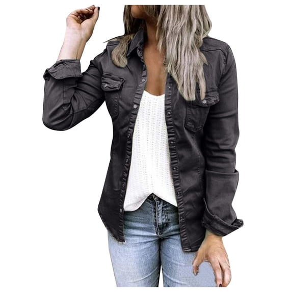 Women Casual Snap Lapel Denim Jacket Coat Long Sleeve Tunic Shirt with Pocket Solid Color Design