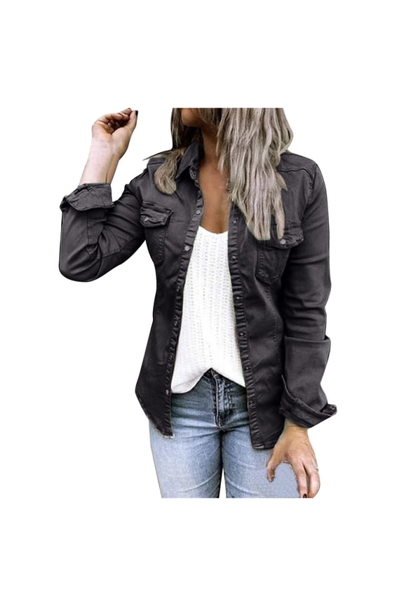 Women Casual Snap Lapel Denim Jacket Coat Long Sleeve Tunic Shirt with Pocket Solid Color Design