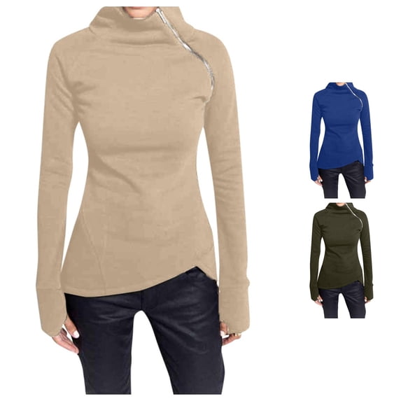 Women Casual Solid Blouse Long Sleeve Pullover Turtleneck Zipper Sweatshirt Tops Womens Oversized Long Sleeve Top 2XL