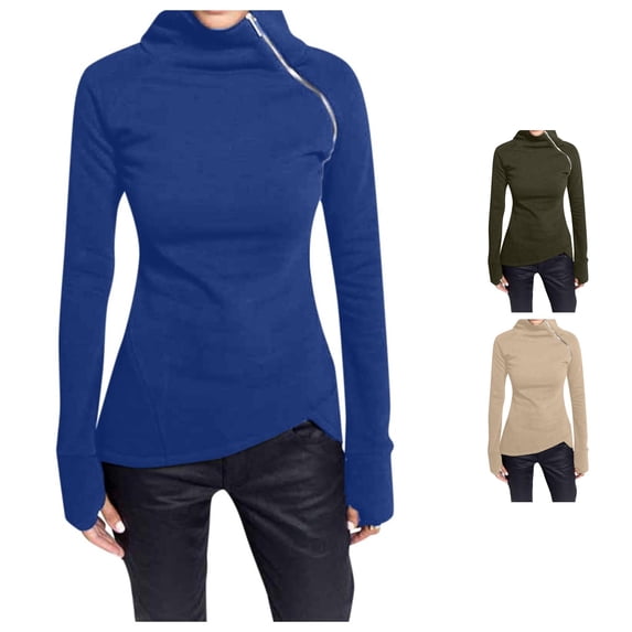 Women Casual Solid Blouse Long Sleeve Pullover Turtleneck Zipper Sweatshirt Tops Womens Oversized Long Sleeve Top 2XL