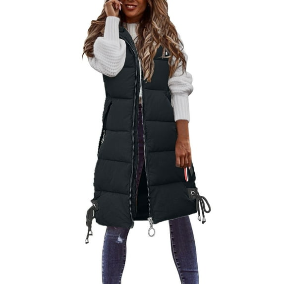Women Casual Solid Coat Hooded Vest Zipper Pocket Loose Sleeveless Jacket Long Coat