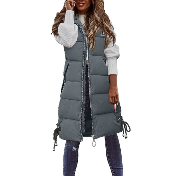 Women Casual Solid Coat Hooded Vest Zipper Pocket Loose Sleeveless Jacket Long Coat
