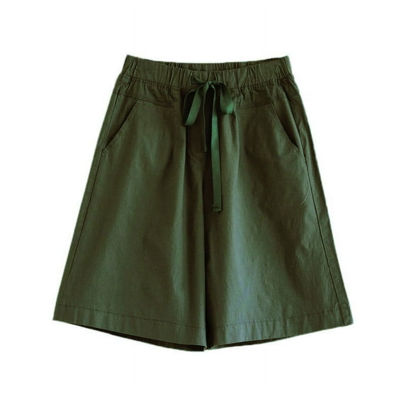 Women Casual Solid Color Bermuda Shorts Drawstring Comfy Elastic Waist Pants Summer Pull On Short with Pockets