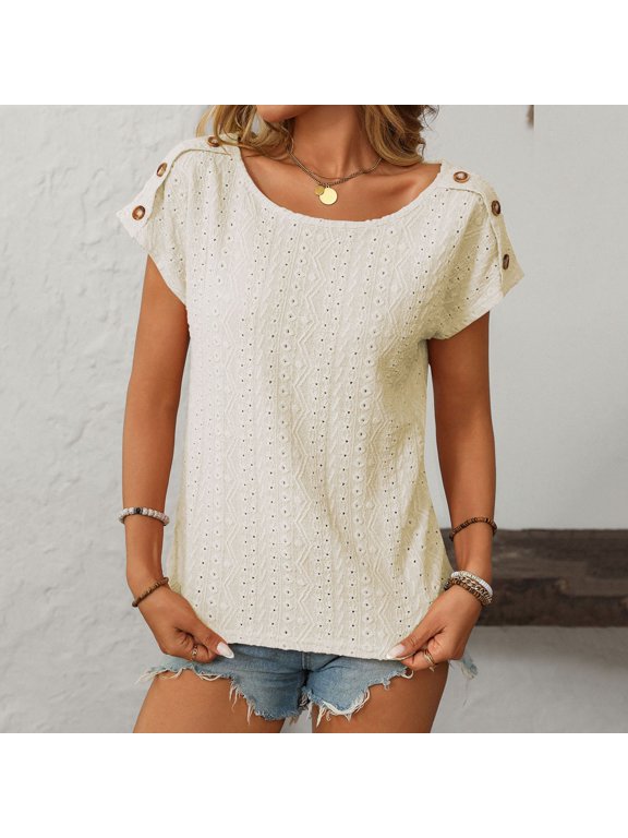 Women Casual Solid Color Blouse Jacquard Hollow Short Sleeved Top Ladies Tops Short Sleeve Extra Small Woman's Tops Lace Sleeves plus Size Womens plus Size Tunic Camisole with Lace Top Solid T Shirt