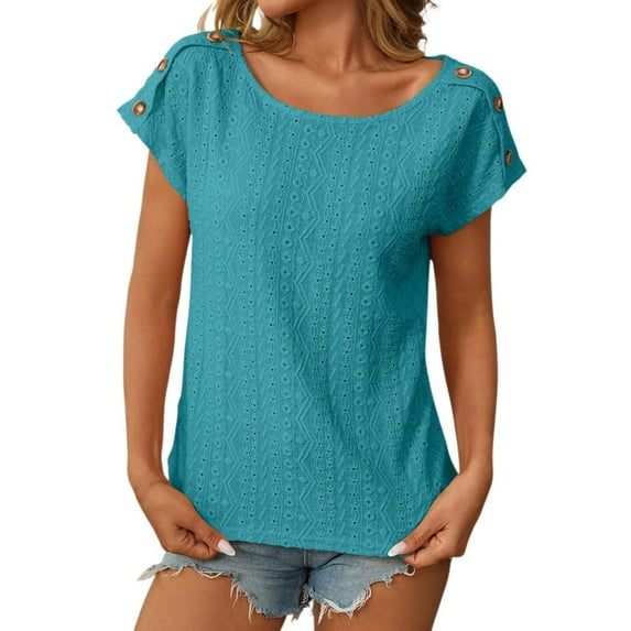 Women Casual Solid Color Blouse Jacquard Hollow Short Sleeved Top
